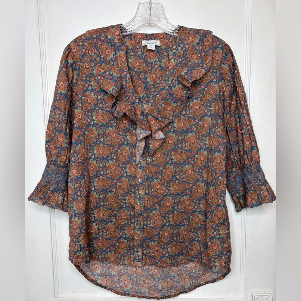 Sundance Women’s XS Jeanie Floral Ruffle Blouse Top Smocked Sleeves Bohemian